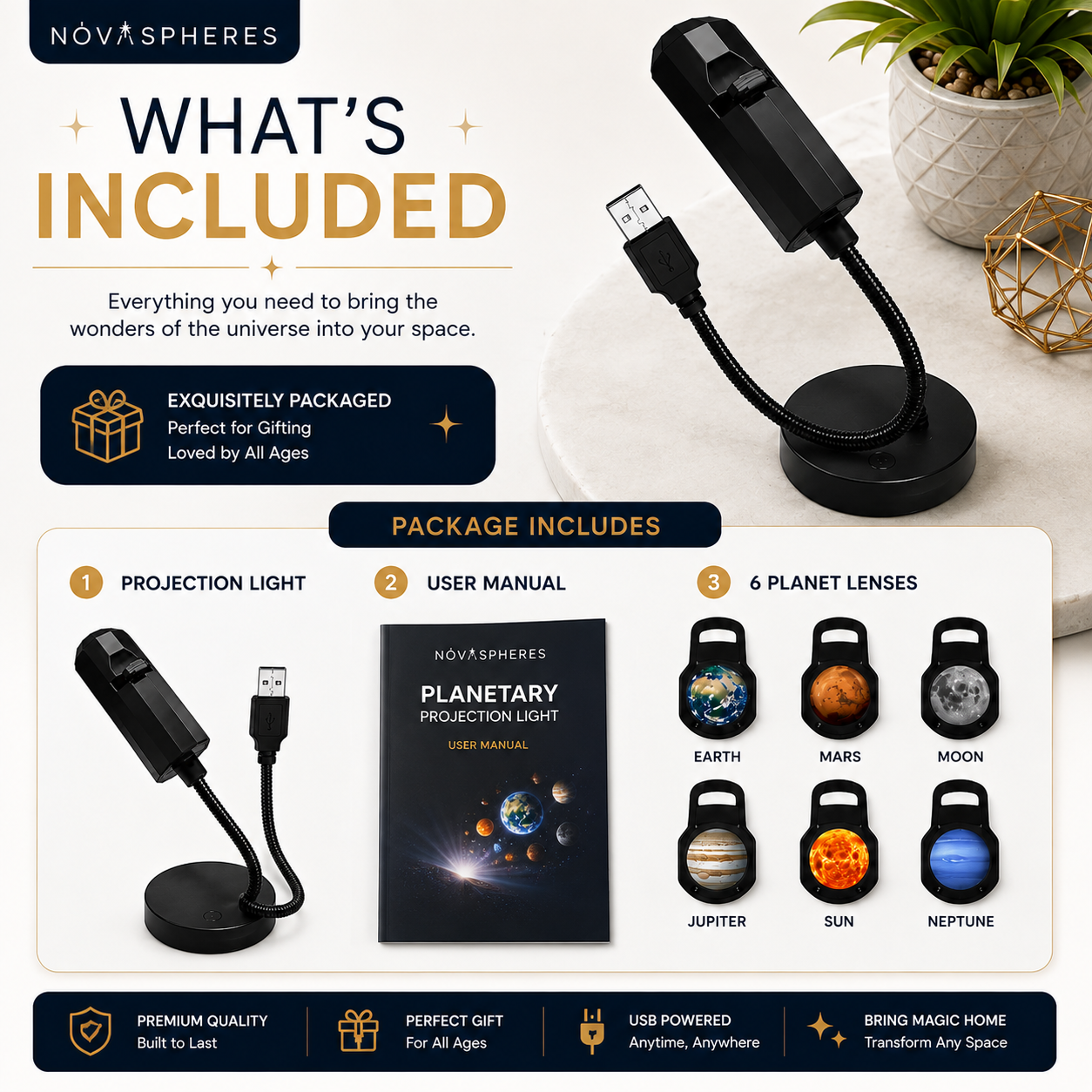 LED Planet Projector Lamp with 6 Replaceable Lens Slides | 360° Rotating USB Planetary Projection Light