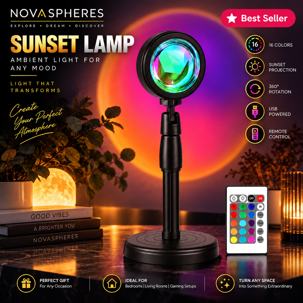 NovaSpheres Sunset Lamp – 16 Color RGB Ambient Projection Light