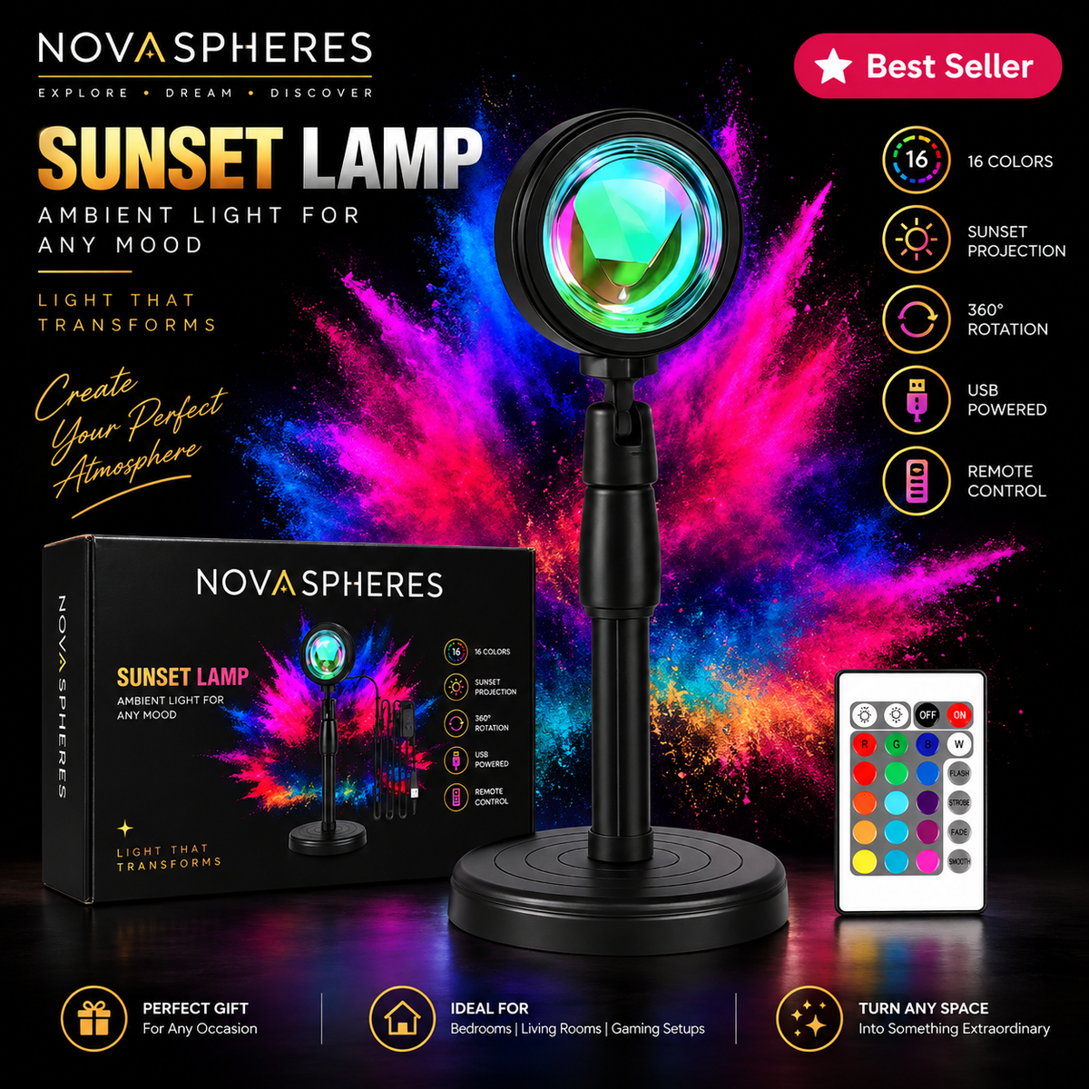 NovaSpheres Sunset Lamp – 16 Color RGB Ambient Projection Light