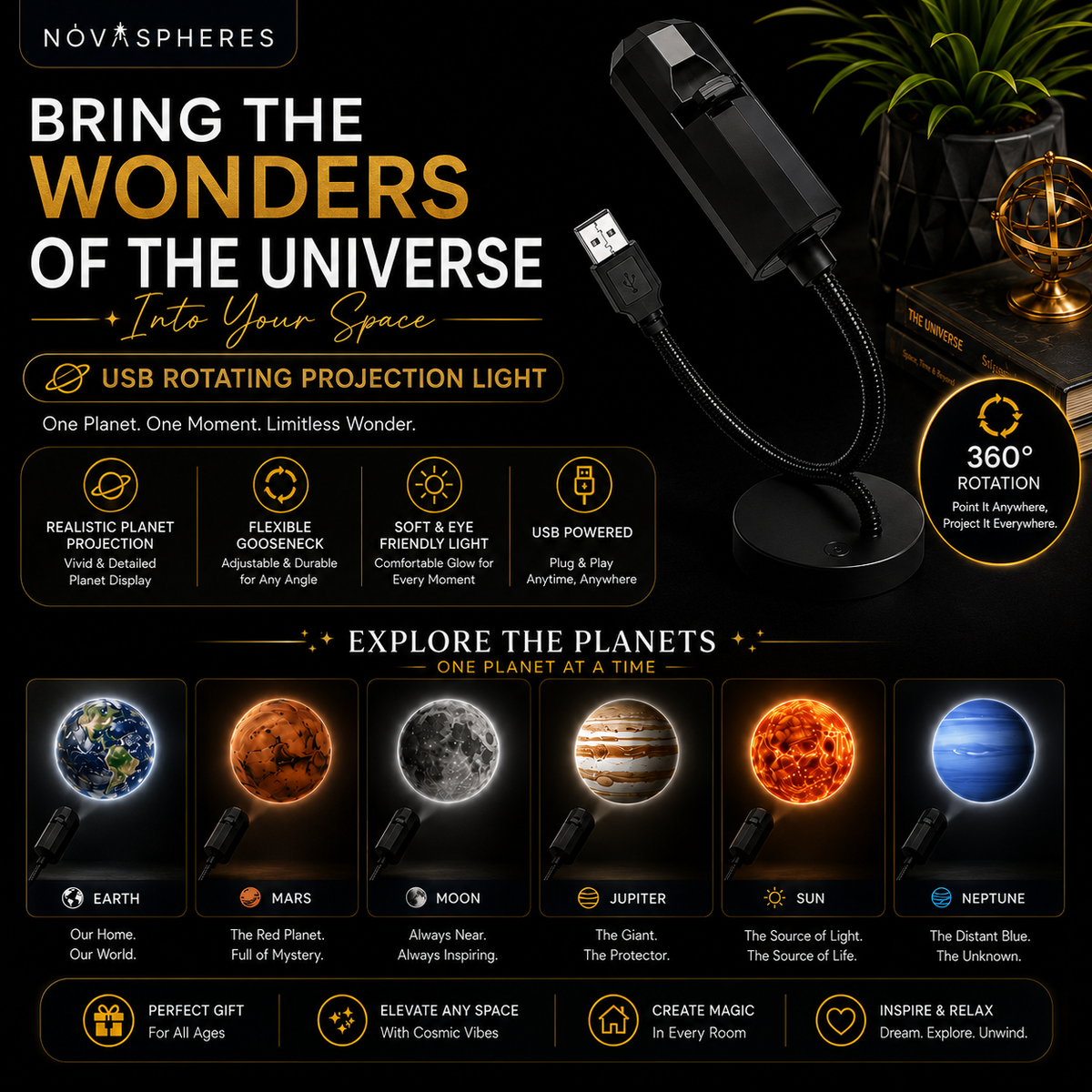 LED Planet Projector Lamp Replaceable Lens Slides | 360° Rotating USB Planetary Projection Light