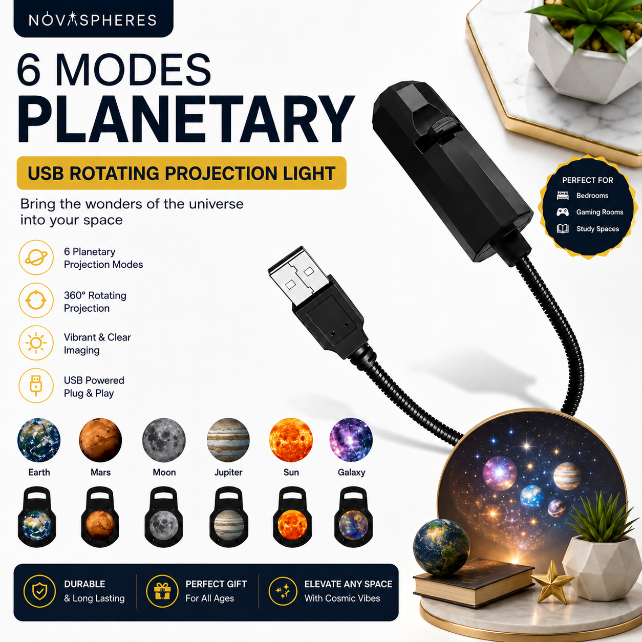 LED Planet Projector Lamp with 6 Replaceable Lens Slides | 360° Rotating USB Planetary Projection Light