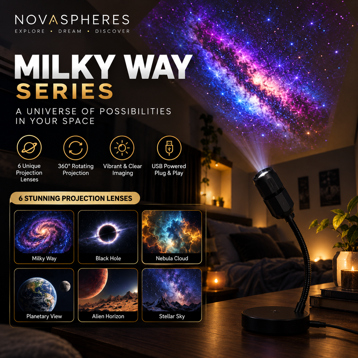 LED Planet Projector Lamp Replaceable Lens Slides | 360° Rotating USB Planetary Projection Light