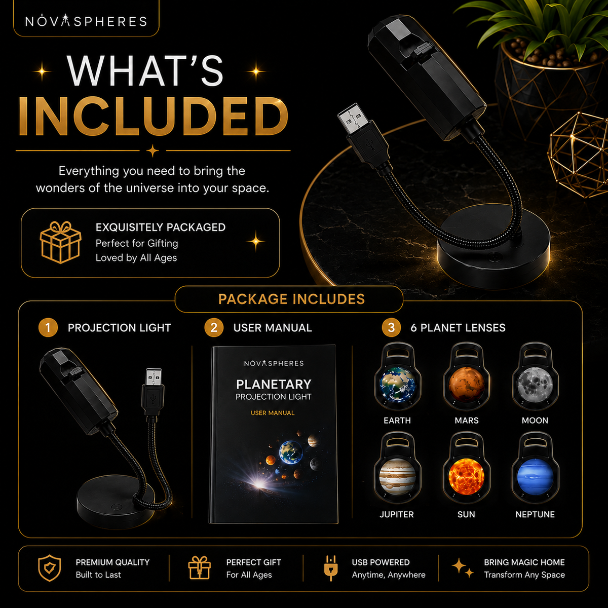 LED Planet Projector Lamp Replaceable Lens Slides | 360° Rotating USB Planetary Projection Light