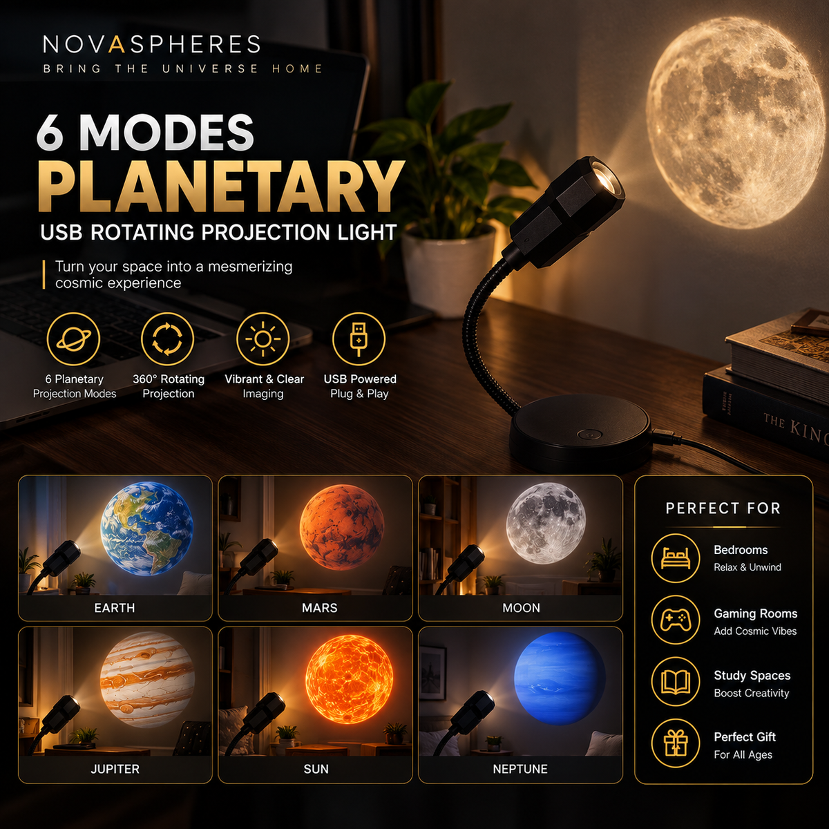 LED Planet Projector Lamp Replaceable Lens Slides | 360° Rotating USB Planetary Projection Light